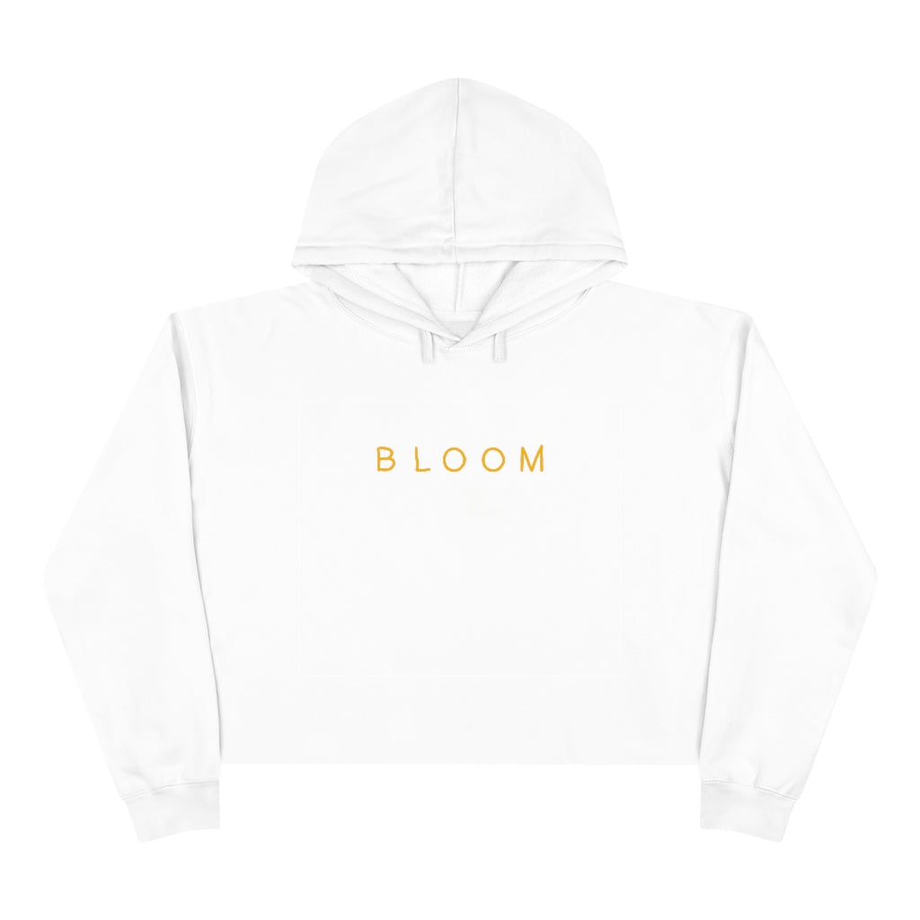 White Bloom Hoodie front side with yellow 'Bloom' text