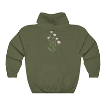 Load image into Gallery viewer, Military green Flourished Hoodie back side with bloomed pinky bud flower.
