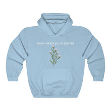 Load image into Gallery viewer, Light blue Flourished Hoodie front side with text and pinky bud flower. 
