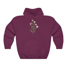 Load image into Gallery viewer, Maroon Flourished Hoodie back side with bloomed pinky bud flower.
