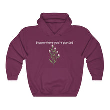 Load image into Gallery viewer, Maroon Flourished Hoodie front side with text and pinky bud flower. 
