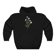 Load image into Gallery viewer, Black Flourished Hoodie back side bloomed pinky bud flower. 
