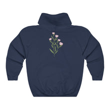 Load image into Gallery viewer, Navy Flourished Hoodie back side with bloomed pinky bud flower.
