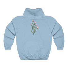 Load image into Gallery viewer, Light blue Flourished Hoodie back side with bloomed pinky bud flower.
