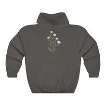 Load image into Gallery viewer, Charcoal Flourished Hoodie back side with bloomed pinky bud flower.
