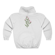 Load image into Gallery viewer, Black Flourished Hoodie back side with bloomed pinky bud flower.
