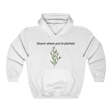 Load image into Gallery viewer, White Flourished Hoodie front side with text and pinky bud flower.
