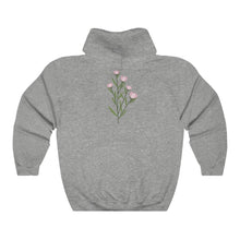 Load image into Gallery viewer, Sport grey Flourished Hoodie back side with bloomed pinky bud flower.
