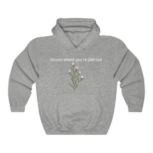 Load image into Gallery viewer, Sport grey Flourished Hoodie front side with text and pinky bud flower.
